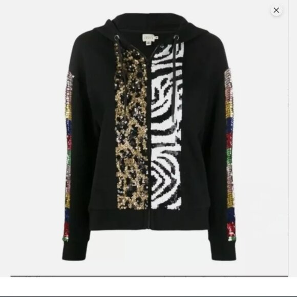 Alice+Olivia Barron Sequined Black Cotton Full Zip Sweatshirt Hoodie Size M - Picture 4 of 10